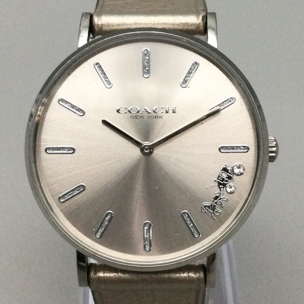 Coach Perry Watch Women 36mm Silver Tone Champagne Leather Band New Battery